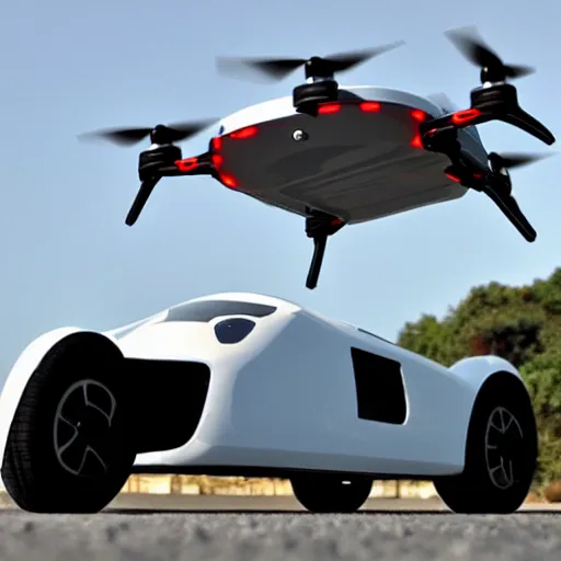 Prompt: a flying car that looks like a drone flying