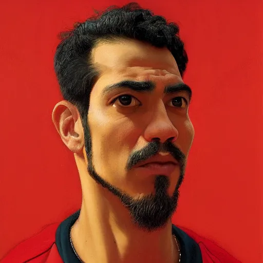 Prompt: portrait of a latino man, red background, ultra detailed, extreme close up, oil on canvas, dynamic, strong shadows, 4 k, illustration, by kehinde wiley, kadir nelson, john william waterhouse, edward hopper