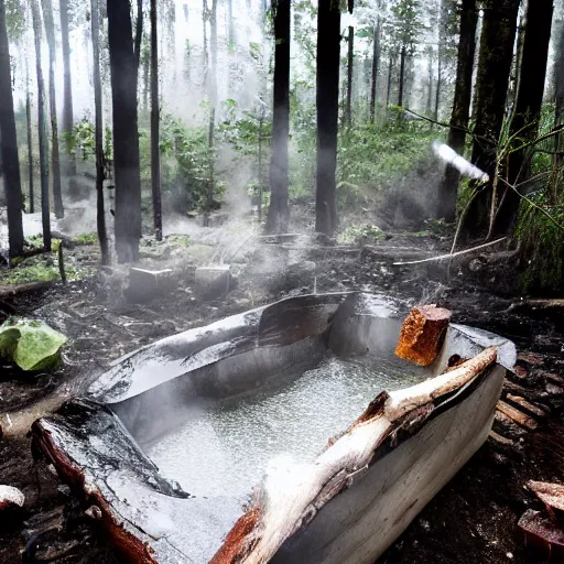 Prompt: pristine porcelain bath filled with bubbles in a clearcut rainforest, slash and burn, cleared forest, deforestation, bubble bath, overflowing with bubbles, tree stumps, smouldering charred timber, pile of timber