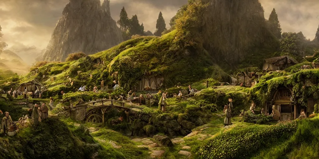 Image similar to beautiful matte painting of the hobbit shire by weta workshop 4 k, cinematic dramatic atmosphere, dramatic lighting