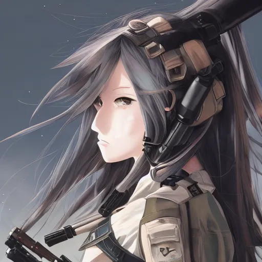 Image similar to infantry girl, anime style, long hair, hair down, symmetrical facial features, explosions, from girls frontline, combat clothes, hyper realistic, pale skin, 4 k, rule of thirds, extreme detail, detailed drawing, trending artstation, hd, fantasy, d & d, realistic lighting, by alphonse mucha, greg rutkowski, sharp focus, backlit