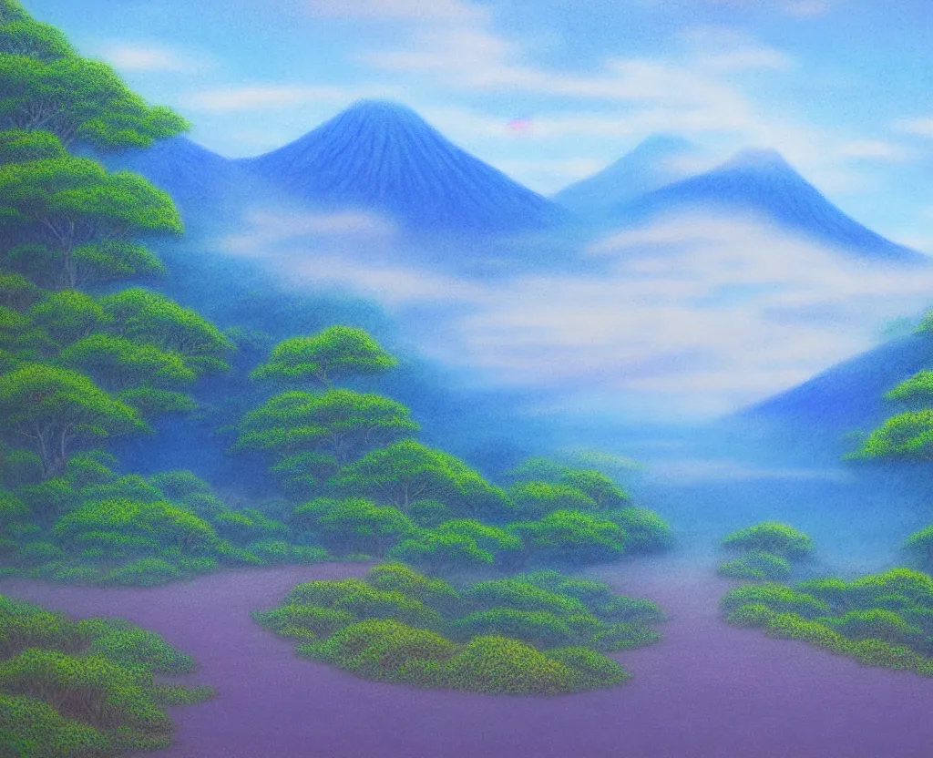 Prompt: a landscape pastel in the style of noriyoshi ohrai of a blue reflective path to some misty mountains in the background. along the path stands pillars that reflect in the water. key art. 4 k fantasy