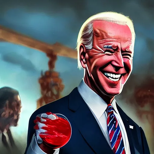 Image similar to joe biden smiling with blood in his face while behind him the world is burning, dramatic lighting, cinematic, establishing shot, extremly high detail, photorealistic, cinematic lighting, artstation, style by James Gurney