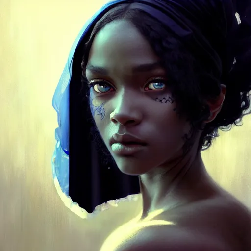 Image similar to a Photorealistic dramatic hyperrealistic bright blue eyes, African American girl, black hair, white veil,by WLOP,Artgerm,Greg Rutkowski,Alphonse Mucha, Beautiful dynamic dramatic dark moody lighting,shadows,cinematic atmosphere,Artstation,concept design art,Octane render,8k, trending on artstation