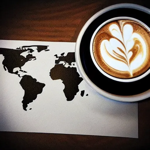 Prompt: World map drawn in a cup of coffee by talented artist, artstation, digital art, epic lighting, 3d rendered in octane