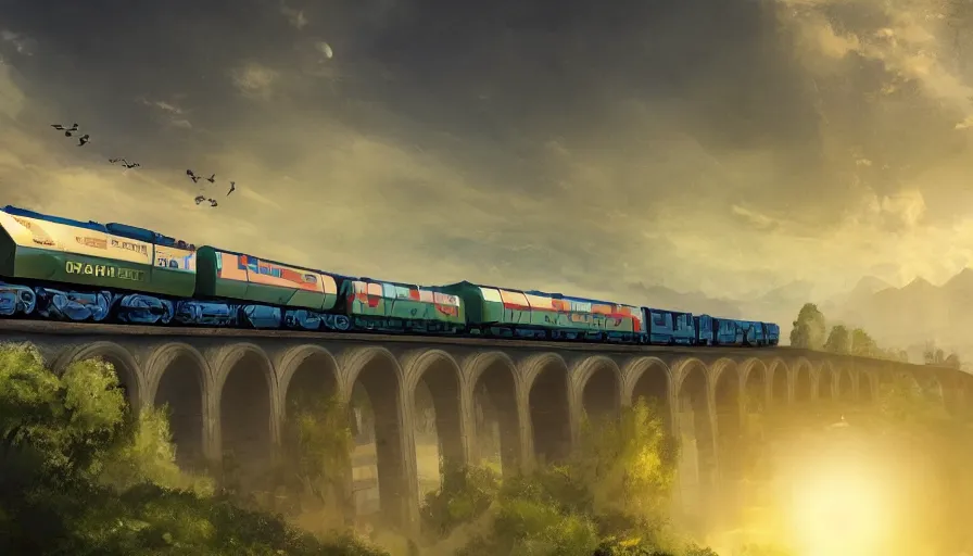 Image similar to futuristic cargo train driving over aqueduct, green hills, matte painting, artstation, sunrise, blue sky, solarpunk