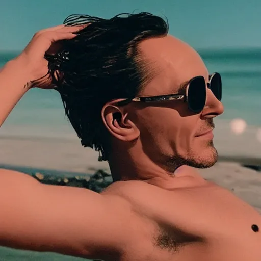 Prompt: photograph of Loki wearing sunglasses relaxing on a beach, vibing to music, aesthetic, atmospheric