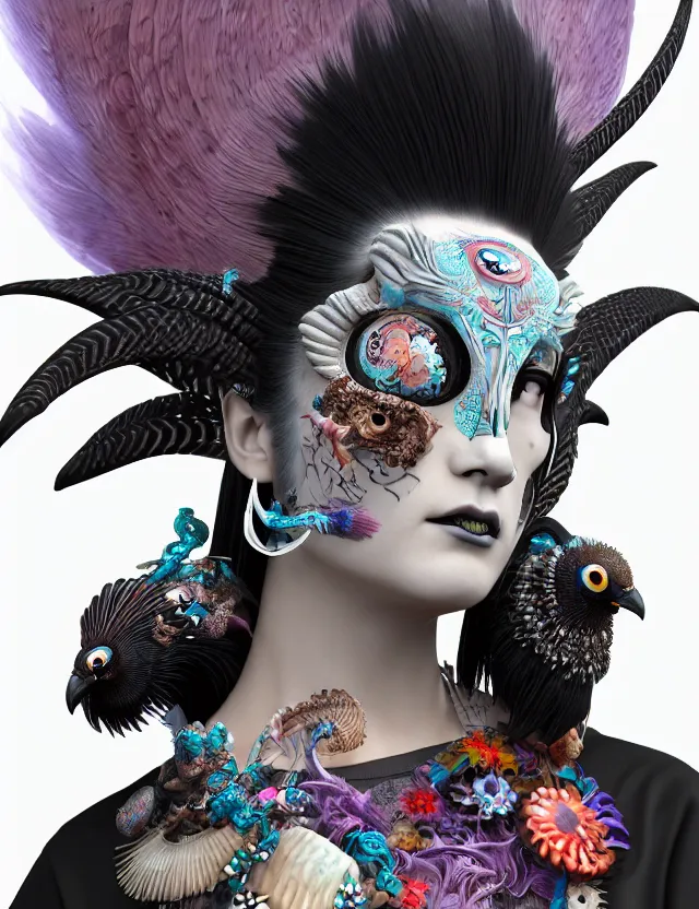 Image similar to 3 d goddess close - up profile portrait punk with mohawk with ram skull. beautiful intricately detailed japanese crow kitsune mask and clasical japanese kimono. betta fish, jellyfish phoenix, bio luminescent, plasma, ice, water, wind, creature, artwork by tooth wu and wlop and beeple and greg rutkowski