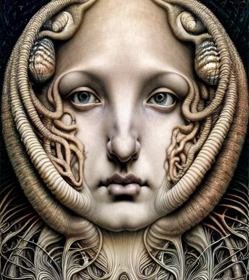 Prompt: detailed realistic beautiful whelk goddess face portrait by jean delville, gustave dore, iris van herpen and marco mazzoni, art forms of nature by ernst haeckel, art nouveau, symbolist, visionary, gothic, neo - gothic, pre - raphaelite, fractal lace, intricate alien botanicals, ai biodiversity, surreality, hyperdetailed ultrasharp octane render