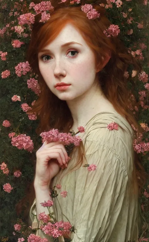 Image similar to a realistic oil painting of a girl resembling karen gillan, covered in flowers, highly detailed, intricate, detailed background, artstation, by mucha, by william adolphe bouguereau, by waterhouse