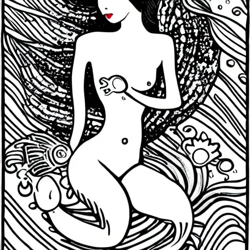 Prompt: black and white illustration, creative design, beautiful feminine mermaid in water with fishes