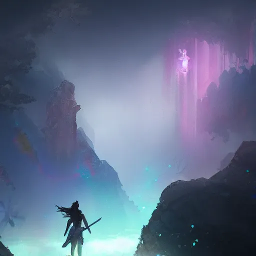 Prompt: landscape of Aloy in misty mysterious astral temple jumpin with pistol in river of chromatic SPIRITS , beautiful, dmt, trending on artstation, omnious, soft, artwork by Wong, Liam