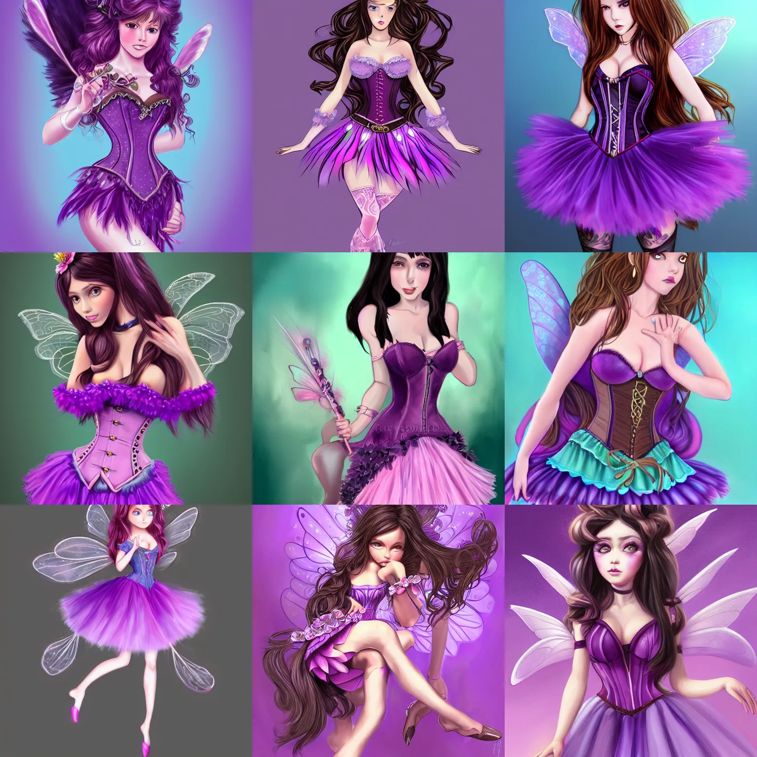 Prompt: brunette fairy woman with long hair, wearing a purple corset and pink tutu, centered, animesque, highly detailed, digital painting, trending on artstation, concept art, sharp focus, illustration, art by chloe schmid, blue background