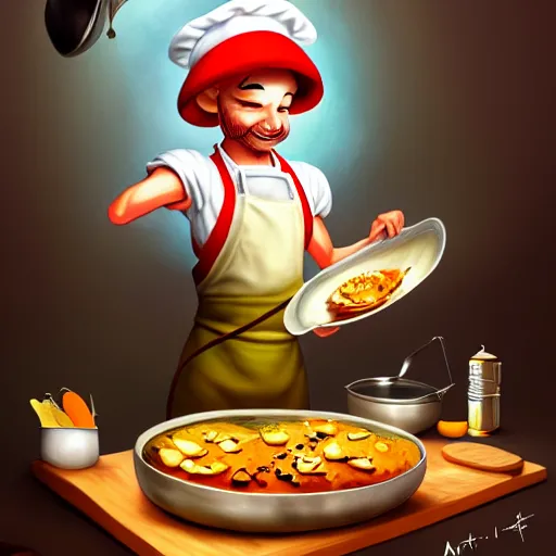 Prompt: a mushroom chef cooking a meal, fantasy illustration, detailed digital painting, trending on artstation