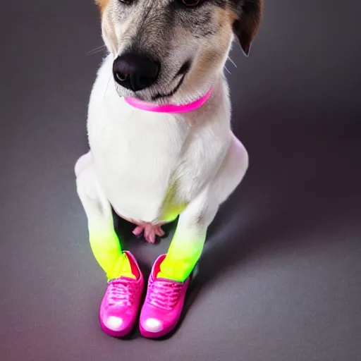 Image similar to dog wearing neon pink shoes, realistic photo, studio quality photograph