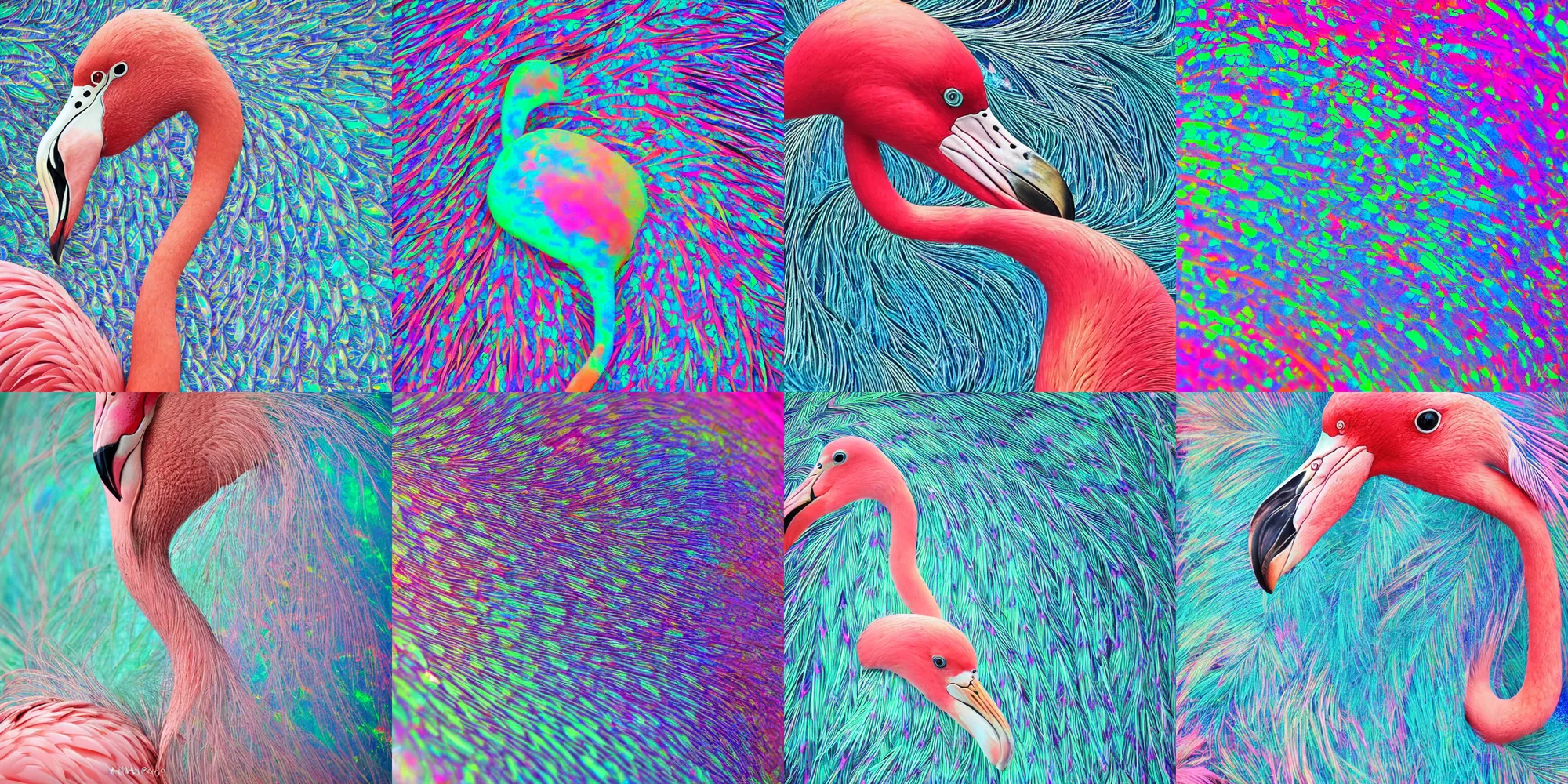Prompt: beautiful photo of a flamingo with opal pattern feathers, upclose view of head, 4 k, photorealistic, detailed, multicolor opal pattern, photographed by marina cano