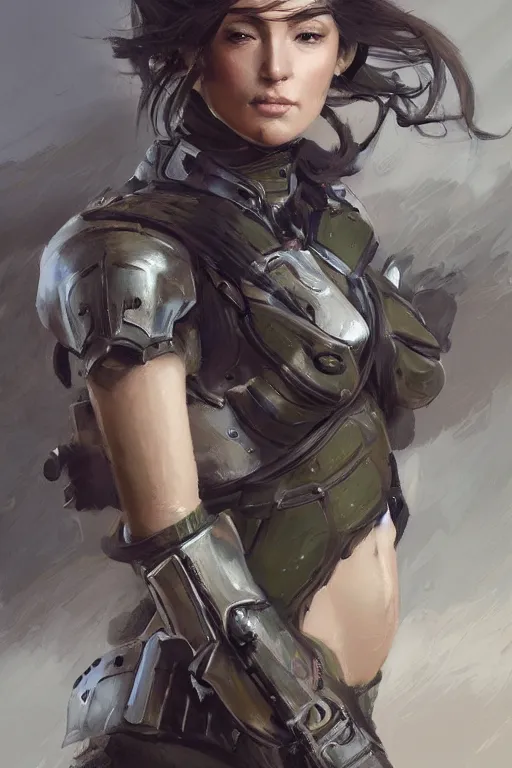 Image similar to a professionally painted portrait of an attractive young woman, clothed in military armor, olive skin, long dark hair, beautiful bone structure, symmetrical facial features, intricate, elegant, digital painting, trending on Artstation, concept art, smooth, sharp focus, illustration, from Metal Gear by Ruan Jia and Mandy Jurgens and Artgerm and William-Adolphe Bouguerea, award winning