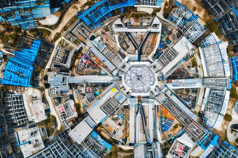 Image similar to top - down view of a high - tech sky arena inspired by modern skate parks and modern chinese playgrounds, wide angle, cinematographic shot, day