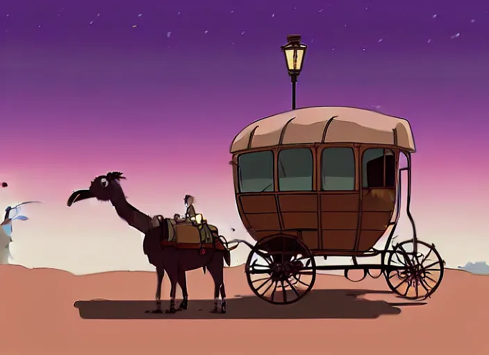 Prompt: a cell shaded cartoon of a stagecoach being pulled by two ostriches from howl's moving castle ( 2 0 0 4 ), on a desert road, lamp posts, in front of a pale full moon, full body, wide shot, very dull muted colors, studio ghibli, highly detailed, deviantart, art by artgem