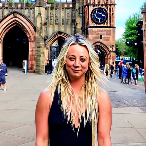 Image similar to A detailed photo of Kaley Cuoco under the Eastgate clock in Chester. Behind her we see a black panther