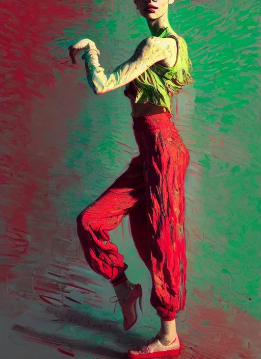 Prompt: portrait of yael shelbia, sensual, ecstatic, dancing, shades green and red, beautiful face, rule of thirds, intricate outfit, spotlight, by greg rutkowski, by jeremy mann, by francoise nielly, by van gogh, digital painting
