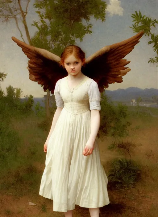 Prompt: Angel Sadie Elizabeth Sink , barefoot In the style of william adolphe bouguereau