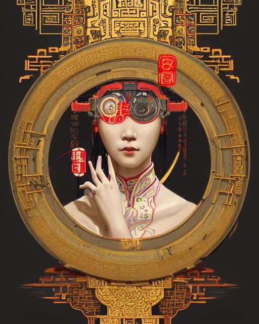 Image similar to portrait of a chinese cyberpunk machine, machine face, robed, upper half portrait, decorated with chinese opera motifs regal asian machine robot cyberpunk fine china, wuxia, traditional chinese art intricate intense elegant highly detailed digital painting artstation concept art smooth sharp focus illustration, art by artgerm and greg rutkowski alphonse mucha 8 k