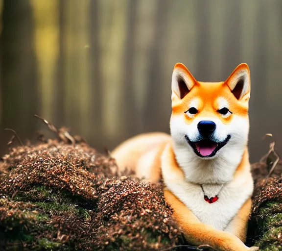 Image similar to a portrait of shiba inu with a mushroom cap growing on its head by luis royo. intricate. lifelike. soft light. sony a 7 r iv 5 5 mm. cinematic post - processing