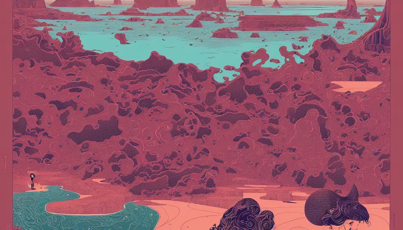 Image similar to oregon coast by balmy enso, jamie hewlett, nicolas delort, moebius, victo ngai, josan gonzalez, kilian eng