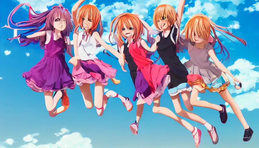 Image similar to three cute anime characters jumping, colorful outfits, realistic face, detailed face, detailed eyes, short miniskirts, lightly dressed, ultra detailed digital art, hyper real, detailed, group photo, ultra detailed, ground up angle