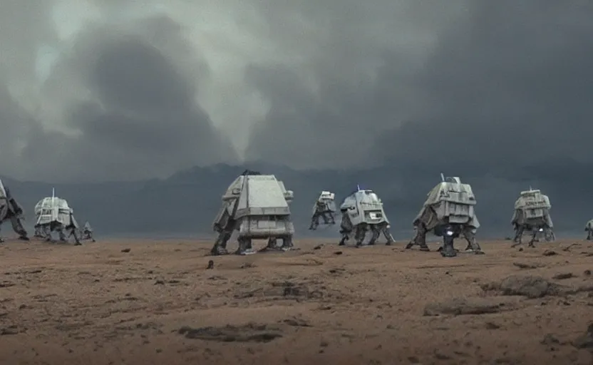 Prompt: a screenshot wide shot of hybrid giant R2-D2 mixed with an AT-AT land walkers, marching on a red landscape, from Star Wars The Last Jedi, iconic scene from the 1980 film directed by Stanley Kubrick, shot on anamorphic lenses, cinematography, 70mm film, lens flare, kodak color film stock, ektachrome, immensely detailed scene, 4k