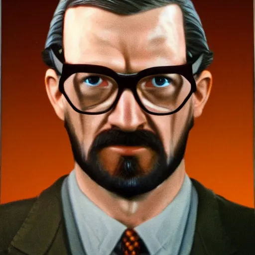 Image similar to a 1 9 7 0 s photograph portrait of gordon freeman in real life while wearing a brown suit, 1 9 7 0 s, 7 0 s, realistic, hyperrealistic, 8 k resolution, hd quality, very detailed, highly detailed, intricate details, real life, real world, trending on artstation, 7 0 s photo