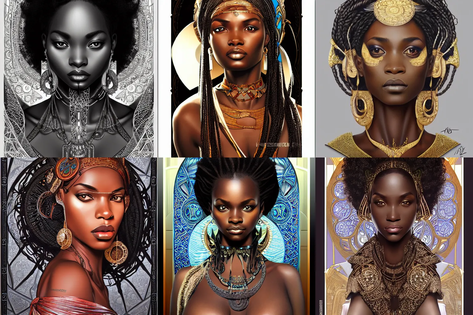 Prompt: black african princess, symmetric, highly detailed, concept art, intricate, sharp focus, illustration, omar ortiz, rutkowski, artgerm, alphonse mucha