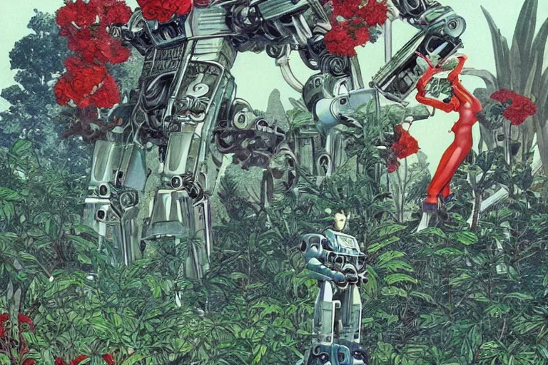 Image similar to gigantic man head, a lot of exotic vegetation around, trees, tremendous mecha robot, flowers, risograph!, oldschool vintage sci - fi flat surreal design, super - detailed, painting by moebius and satoshi kon and jodorowski and katsuhiro otomo