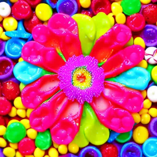 Prompt: A flower made of candy in a world made of candy