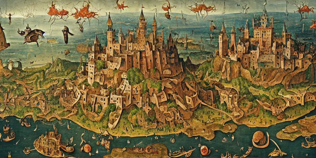 Image similar to laputa : castle in the sky in the style of heironymus bosch, intricate masterpiece, hyper detailed, hd