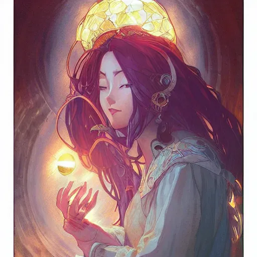 Image similar to anime wizard woman pondering a crystal ball by Stanley Artgerm Lau, greg rutkowski, thomas kindkade, alphonse mucha, loish, norman Rockwel