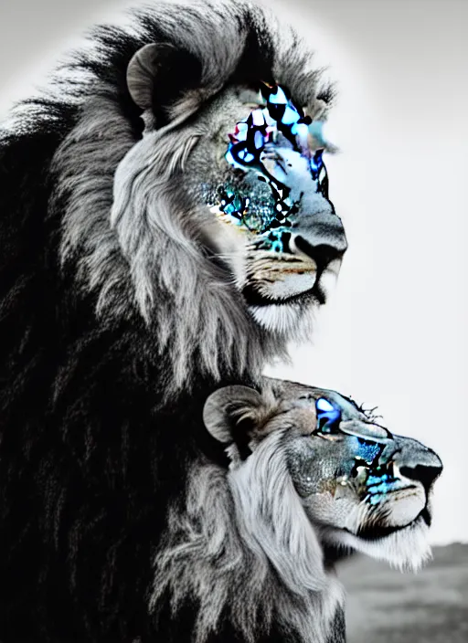 Image similar to lion and lioness black and white portrait white sky in background