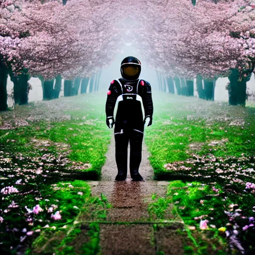 Prompt: photograph of an astronaut wearing a black spacesuit in the middle of a cherry blossom eden, foggy, atmospheric