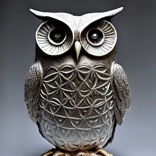 Prompt: symmetrical detailed sculpture of an owl, made of Mercury