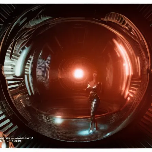 Image similar to kim kardashian inside alien water tank, attire: bikini, Polaroids, establishing action shot, ultra detailed, trending on artstation, concept art, intricate details, 8k detail, post processing, hyperealistic, octane render, led lights, full body, full shot.