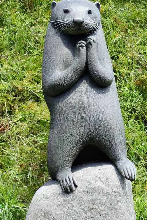 Prompt: a stone sculpture of a long otter, animal - shaped statue, stone sculpture, otter, photograph