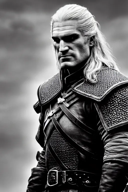 Prompt: 3 / 4 profile picture of geralt of rivia, 5 5 mm lens, professional photograph, black and white, times magazine, serious