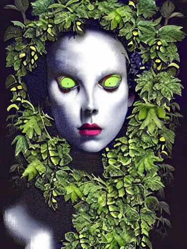 Prompt: The Hanging-Gardens of Pareidolia, lobelia, ivy, verbena and pothos growing facial features and optical-illusions, aesthetic!!!!!!!!!!!!!!!!!!, by Chris Tulloch McCabe in the style of Gerald Brom,