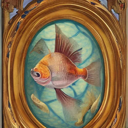 Prompt: hyperrealistic side portrait of a beautiful fish, intricate ornamental gothic rococo designs, heavily decorated,