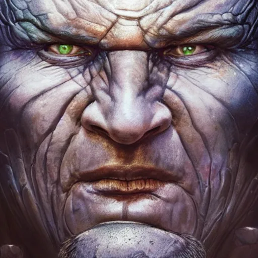 Image similar to closeup portrait shot of olivier richters as destruction of the endless, the sandman, herculean thanos, conan the barbarian, highly detailed, digital painting, artstation, concept art, soft focus, depth of field, artgerm, tomasz alen kopera, peter mohrbacher, donato giancola, wlop, boris vallejo