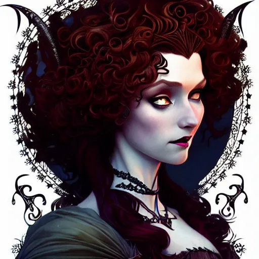 Image similar to a dark gothic version of Princess Merida, face, fantasy, intricate, elegant, highly detailed, digital painting, artstation, concept art, smooth, sharp focus, illustration, art by Cynthia Shephard and Fernanda Suarez and Artem Demura and alphonse mucha