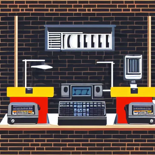 Image similar to cash register in front of a wall of building supplies vector art