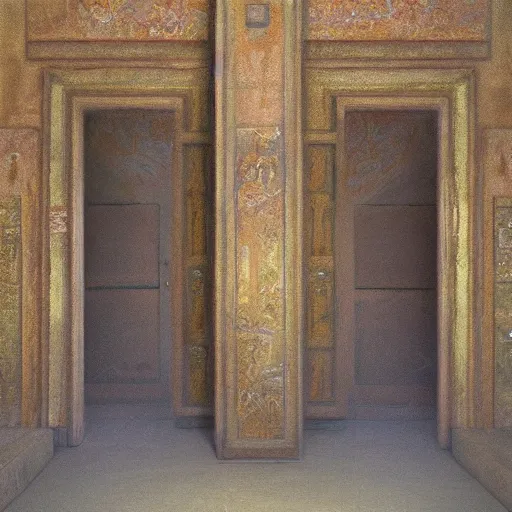 Prompt: a painting of a doorway in a building, a raytraced image by Mikalojus Konstantinas Čiurlionis, polycount, metaphysical painting, hall of mirrors, egyptian art, concept art