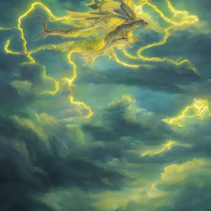 Image similar to beautiful oil painting of single golden eastern dragon in sky, green lightning, night clouds, above forest, high detail, trending on artstation